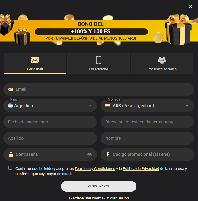 Registro en 1xSlots